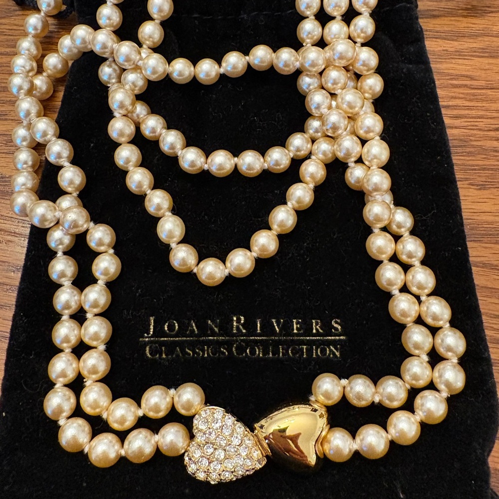 Joan Rivers Gold-Tone double strand Pearl Necklace with Pave Heart Clasp euc